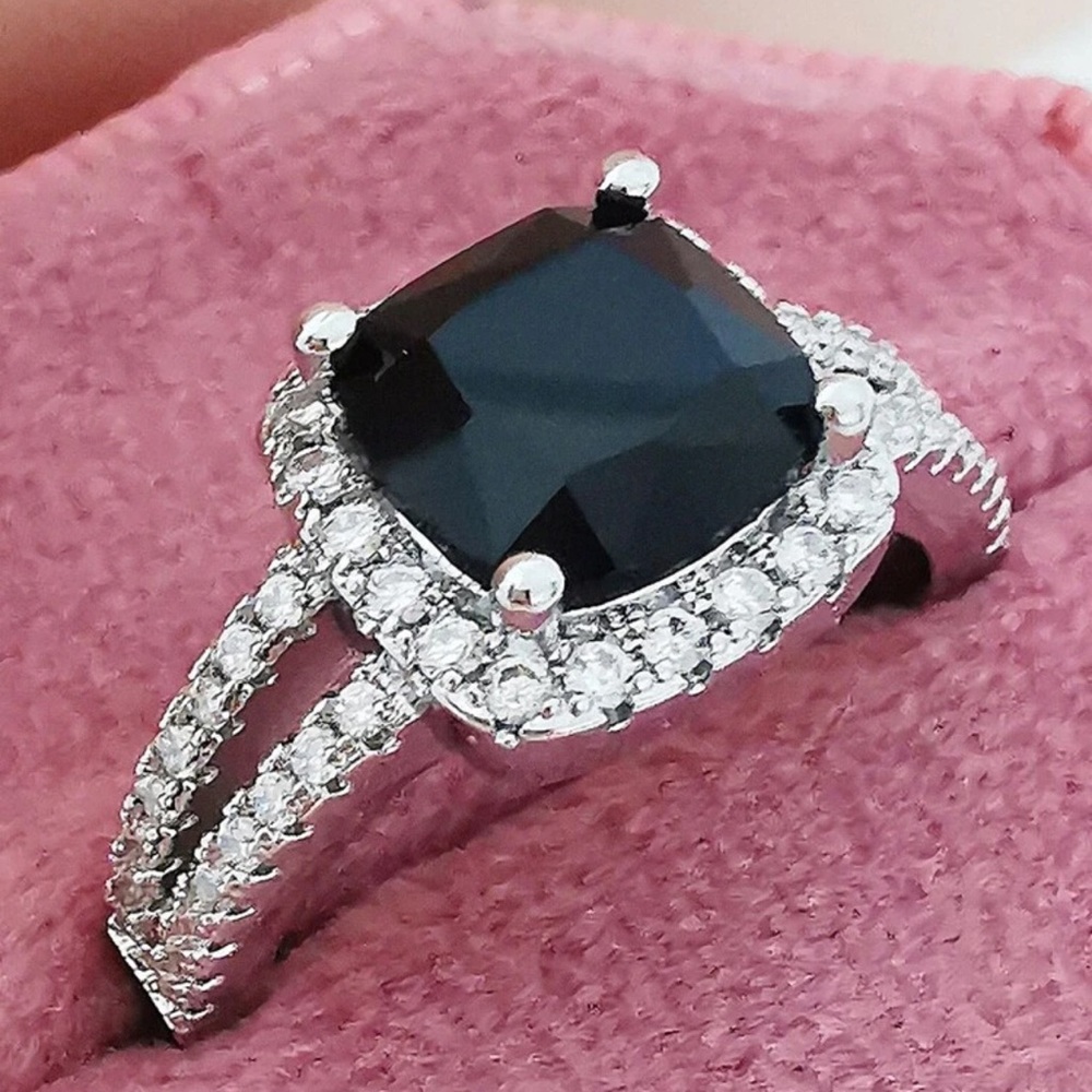 Black Diamond, Simulated, Cushion Cut Engagement Ring, White Gold Plated Ring